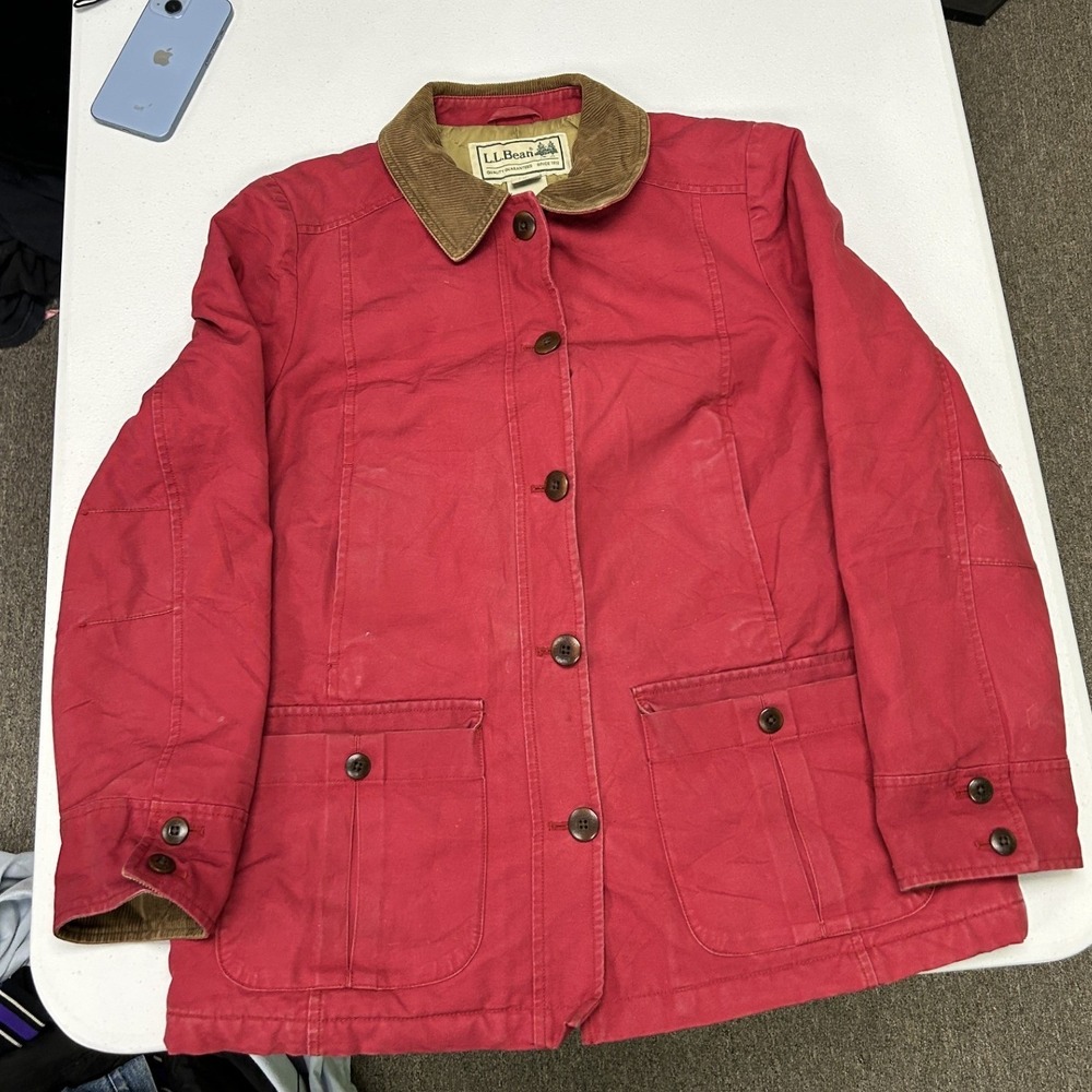 LL Bean Barn Coat Womens M Petite Red Corduroy Collar Quilted Thinsulate Jacket